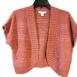 Lucy & Laurel Sz L Salmon Cropped Crochet Open Knit Short Sleeve Cardigan